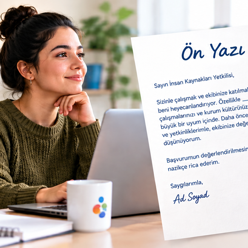 Görsel Betimleme: Modern Bir Çalışma Masasında Dizüstü Bilgisayarıyla İş Başvurusu Hazırlayan Bir Kişiyi Gösteriyor. Masada Bir Fincan, Not Defteri Ve “Ön Yazı” Başlıklı Basılı Bir Metin Bulunuyor. Arka Planda Bitkiler Yer Alırken, Bilgisayar Ekranında İş Başvurusu Formunun “Ön Yazı” Bölümünün Doldurulduğu Görülüyor.