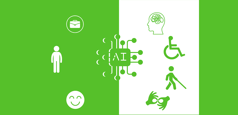 Betimleme: Yeşil ve beyaz ikiye bölünmüş görselde, merkezde “AI” yazılı bir mikroçip yer alıyor. Sol yeşil alanda yapay zekâyı simgeleyen kişi, iş çantası ve gülümseyen yüz ikonları; sağ beyaz alanda ise engellilik kapsayıcılığını temsil eden zihinsel sağlık, tekerlekli sandalye, bastonlu kişi ve işaret dili ikonları bulunuyor. Görsel, yapay zekânın engellilik kapsayıcılığına katkısını simgesel biçimde anlatıyor.