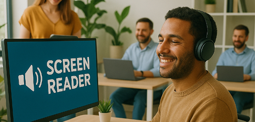 Resim: Görselde, bir ofis ortamında çalışan bireyler görülüyor. Ön planda, tekerlekli sandalyede oturan bir kişi kulaklık takmış ve ekran okuyucu (screen reader) teknolojisi kullandığını belirten bir bilgisayar ekranına bakarak gülümsüyor. Arka planda, diğer çalışanlar laptoplarının başında çalışırken gülümseyerek pozitif bir atmosfer yaratıyor. Ortamda yeşil bitkiler ve modern bir dekor dikkat çekiyor, bu da destekleyici ve kapsayıcı bir çalışma ortamını vurguluyor.